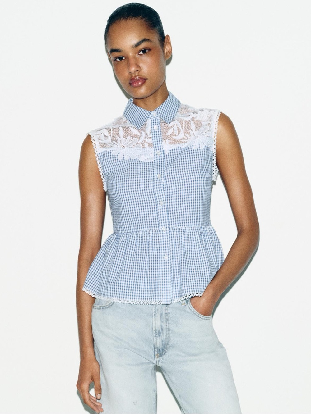 NWT Zara Woman Bloggers Fav Embroidery COMBINED GINGHAM BLOUSE Top Size S Small